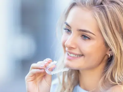 Clear aligner held next to a smile