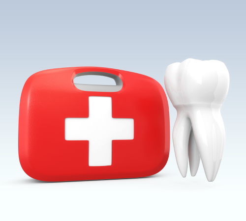 Red first aid kit beside a white tooth