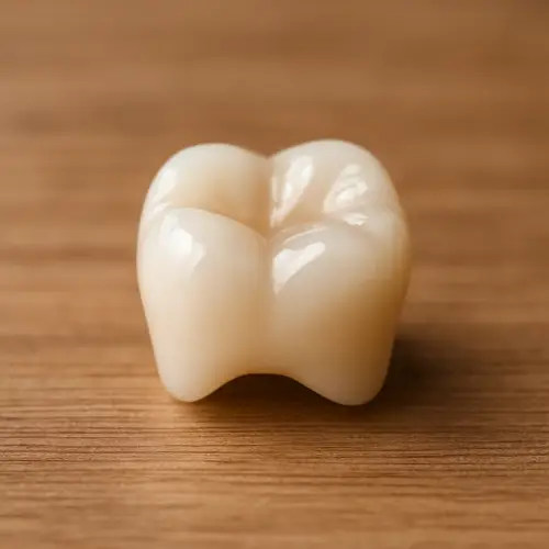 Single tooth-colored dental crown resting on a wooden surface